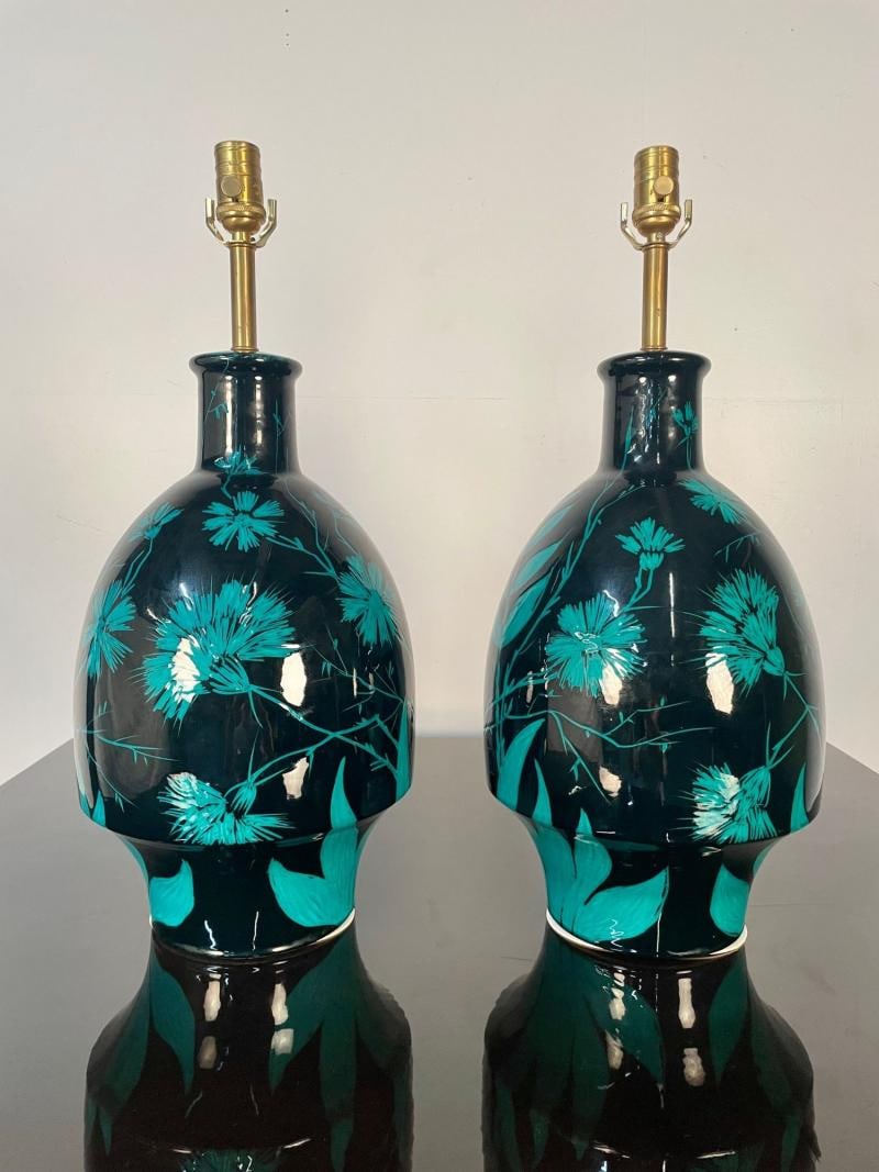Pair of Mid-Century Modern Ceramic Floral Motif Table Lamps, Green and Blue - 4