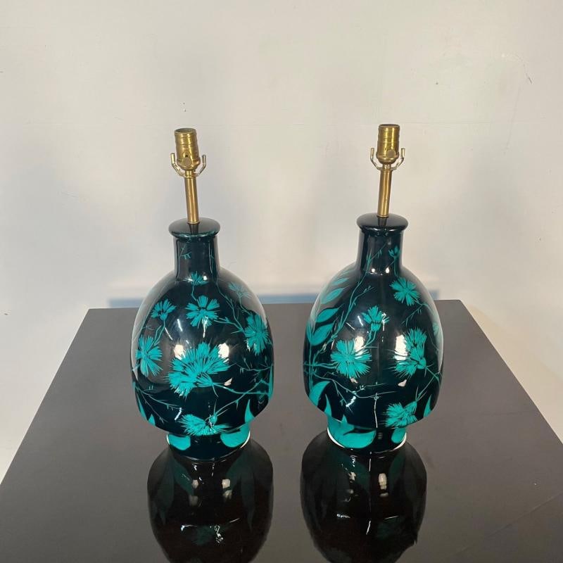 Pair of Mid-Century Modern Ceramic Floral Motif Table Lamps, Green and Blue - 5