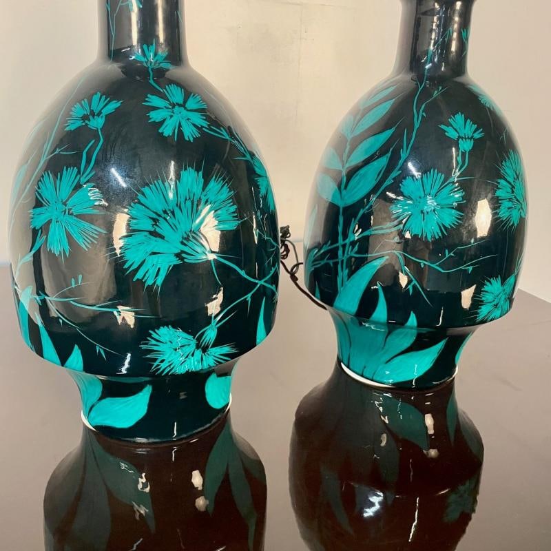Pair of Mid-Century Modern Ceramic Floral Motif Table Lamps, Green and Blue - 6