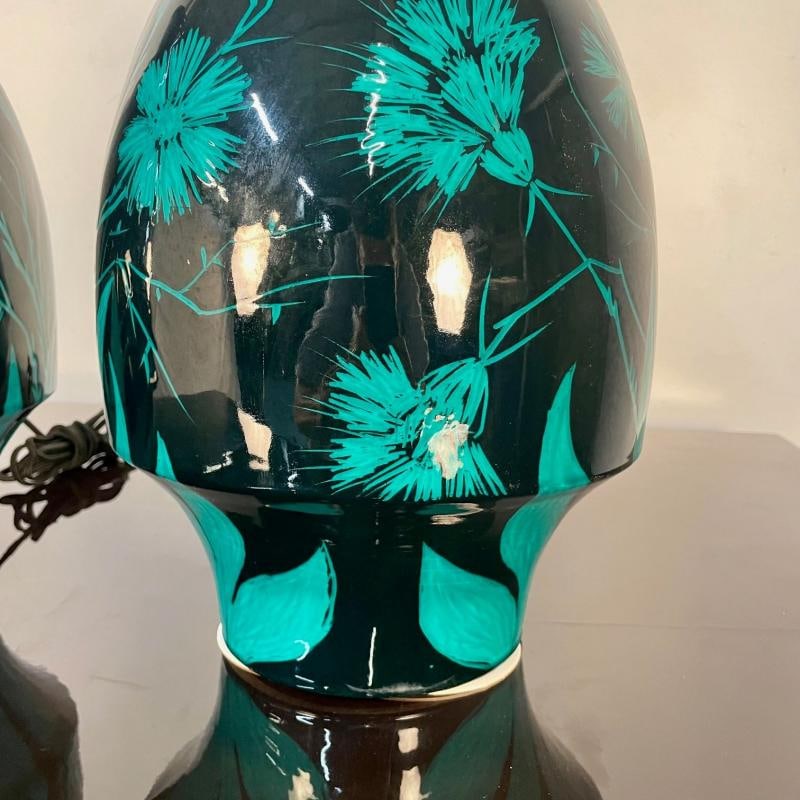Pair of Mid-Century Modern Ceramic Floral Motif Table Lamps, Green and Blue - 7