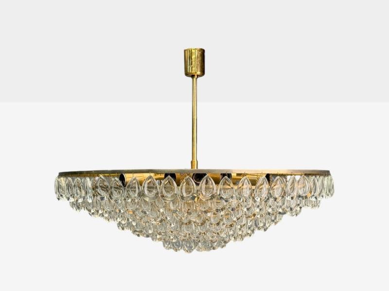 Palwa, Teardrop Glass, Brass, Tiered Chandelier, Germany, 1960s - 3