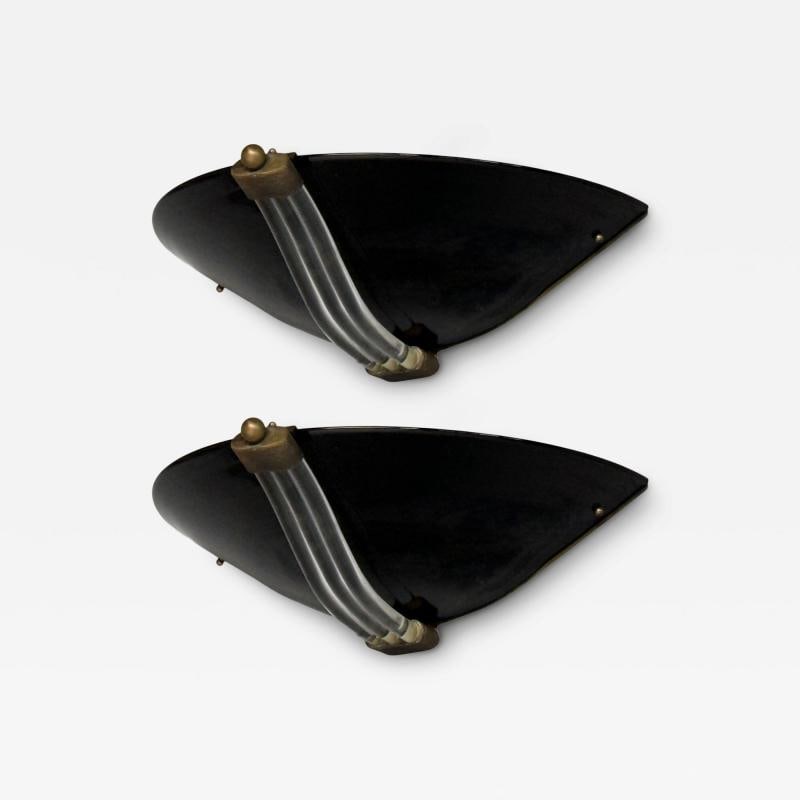 Italian Modern, Black Murano Glass, Brass, Large Sconces, Italy, 1930s: Title: Italian Modern, Black Murano Glass, Brass, Large Sconces, Italy, 1930s Description: Italian Mid-Century Modern, Black Murano Glass, Brass, Large Sconces or Wall Lights, Italy, 1930s Pair of mon