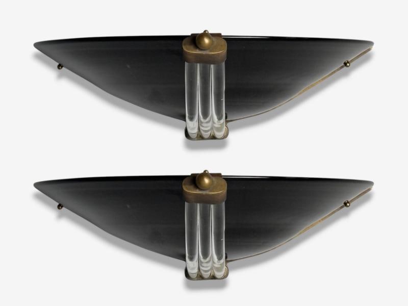 Italian Modern, Black Murano Glass, Brass, Large Sconces, Italy, 1930s - 4