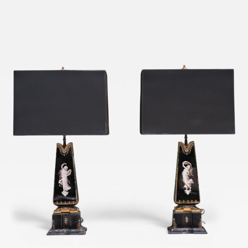Hollywood Regency, Opaline, Bronze, Painted Table Lamps, France, 1920s: Title: Hollywood Regency, Opaline, Bronze, Painted Table Lamps, France, 1920s Description: Hollywood Regency, Opaline, Bronze, Painted Table Lamps, France, 1920s Elegant table lamps featuring richly i