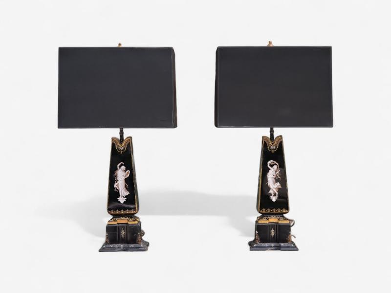 Hollywood Regency, Opaline, Bronze, Painted Table Lamps, France, 1920s - 3