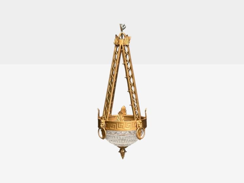 Maitland Smith, Gilt Metal, Glass, Greek Key Motif, Pendant Light, 21st C. - 2