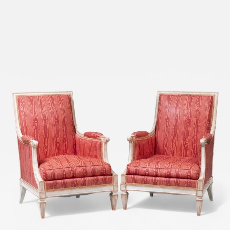 Louis XVI Style, Painted Wood, Pink Fabric, Bergere Chairs, France, 1960s: Title: Louis XVI Style, Painted Wood, Pink Fabric, Bergere Chairs, France, 1960s Description: Louis XVI Style, Painted Wood, Pink Fabric, Bergere, Lounge or Arm Chairs, France, 20th c. Traditional Ber