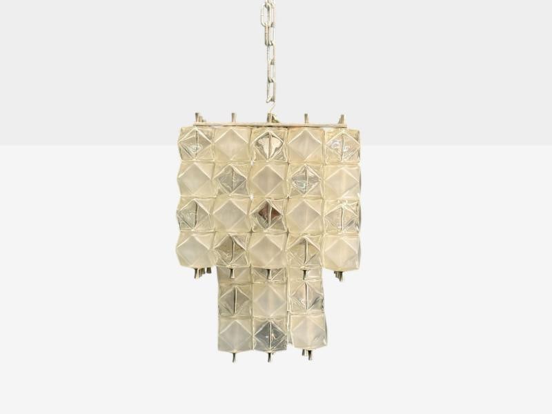 Venini Poliedri, Faceted Glass, Metal, Geometric Chandelier, Italy, 1950s - 3