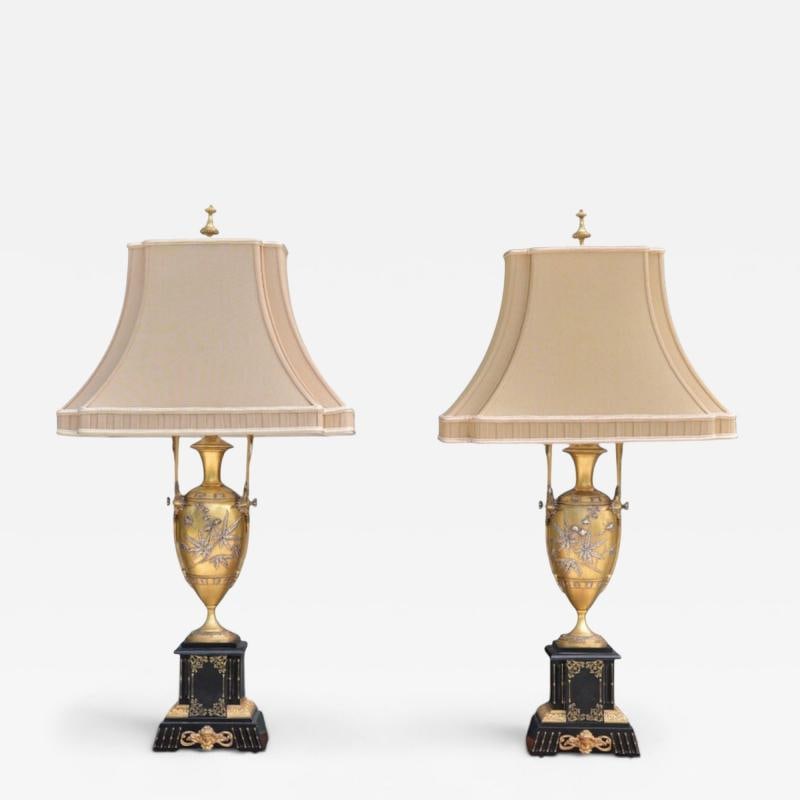 Art Nouveau Style, Bronze, Ebony, Linen, Table Lamps, France, 1920s: Title: Art Nouveau Style, Bronze, Ebony, Linen, Table Lamps, France, 1920s Description: Art Nouveau Style, Bronze, Ebony, Linen, Table Lamps, France, 1920s Pair of exquisite French Art Nouveau table l