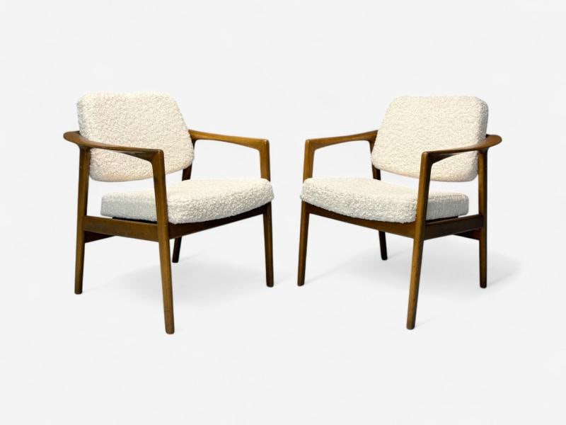 Folke Ohlsson attr, Swedish Modern, White Shearling, Oak, Arm Chairs, 1960s - 3