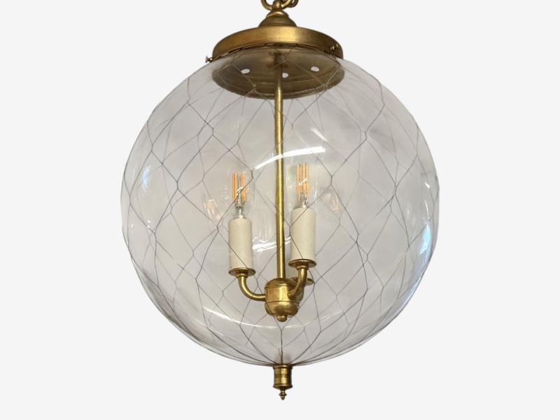 French Mid Century Modern, Brass, Blown Glass, Globe Pendant Lights,1950s - 5