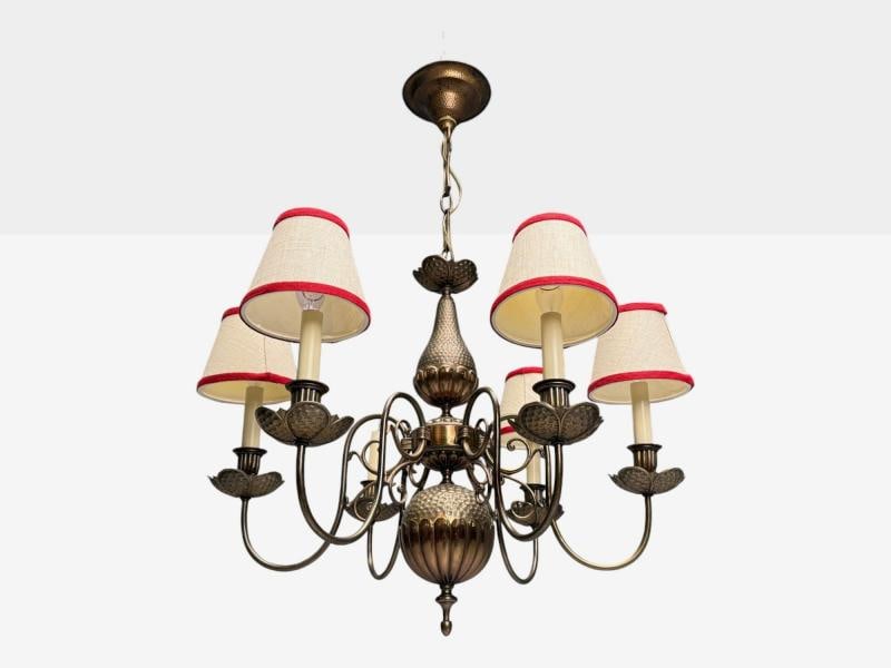 Baroque, Hammered Brass, Bronze, Fabric, Pendant Light, 1950s - 2