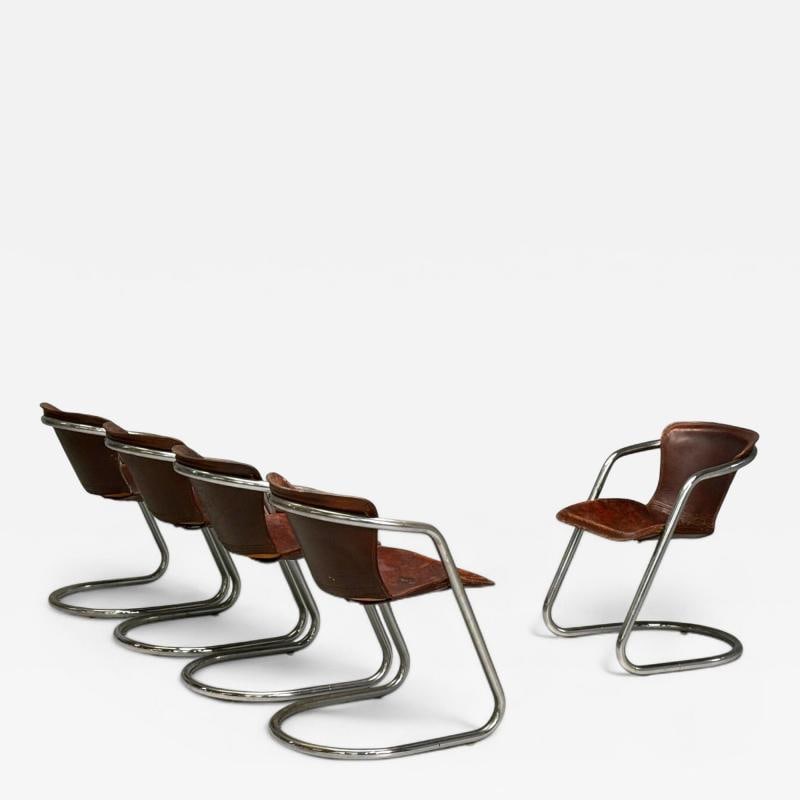 Willy Rizzo attr, Chromed Steel, Leather, Tubular Dining Chairs, Italy, 1970s: Title: Willy Rizzo attr, Chromed Steel, Leather, Tubular Dining Chairs, Italy, 1970s Description: Willy Rizzo Attribution, Chromed Steel, Cognac Leather, Tubular Dining Chairs, Italy, 1970s Set of 5 l