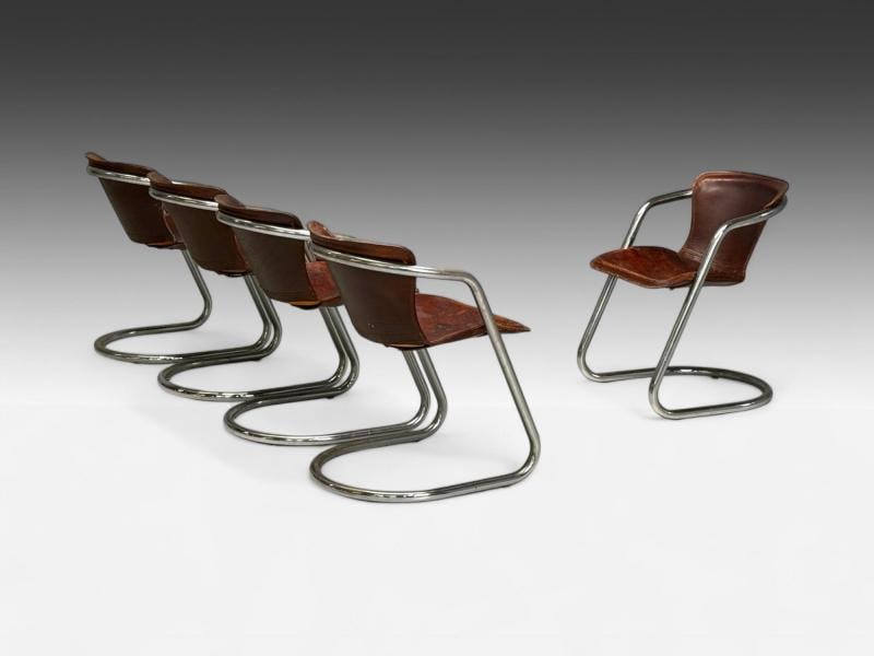 Willy Rizzo attr, Chromed Steel, Leather, Tubular Dining Chairs, Italy, 1970s - 2