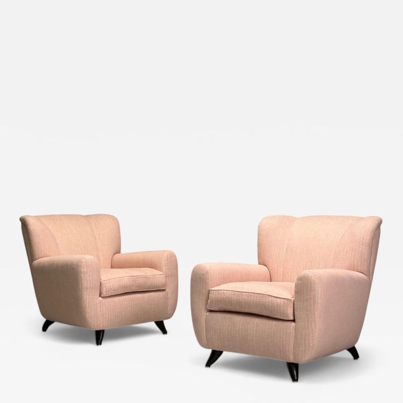 Osvaldo Borsani attr, Pink Linen, Wood, Large Lounge Chairs, Italy, 1950s: Title: Osvaldo Borsani attr, Pink Linen, Wood, Large Lounge Chairs, Italy, 1950s Description: Osvaldo Borsani Attribution, Italian Mid-Century Modern, Pink Linen, Wood, Large Lounge Chairs, Italy, 195
