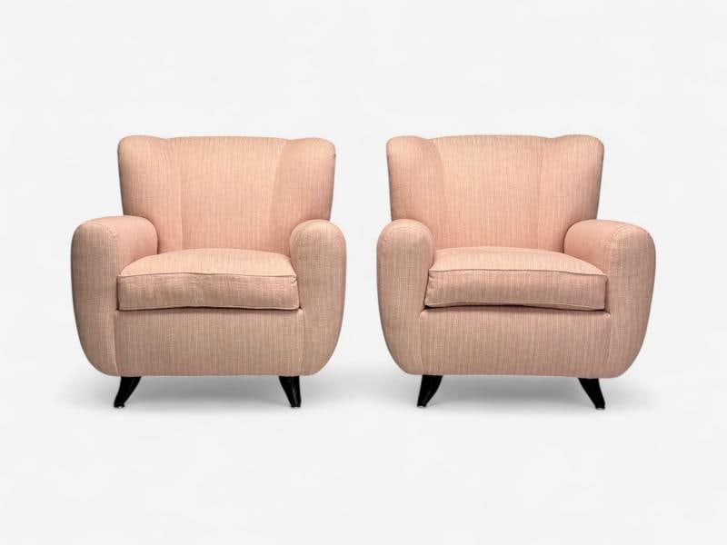 Osvaldo Borsani attr, Pink Linen, Wood, Large Lounge Chairs, Italy, 1950s - 2
