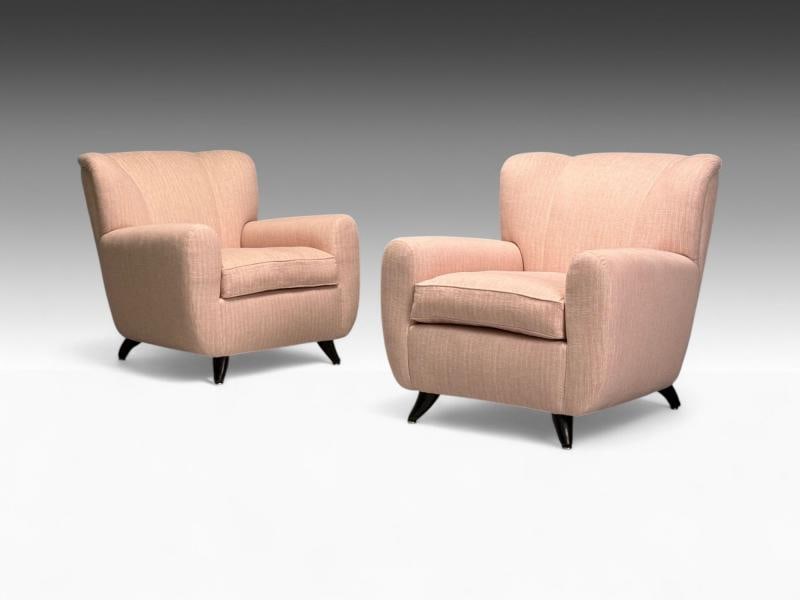 Osvaldo Borsani attr, Pink Linen, Wood, Large Lounge Chairs, Italy, 1950s - 3
