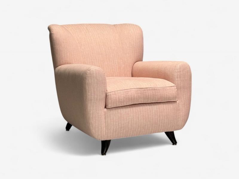 Osvaldo Borsani attr, Pink Linen, Wood, Large Lounge Chairs, Italy, 1950s - 7