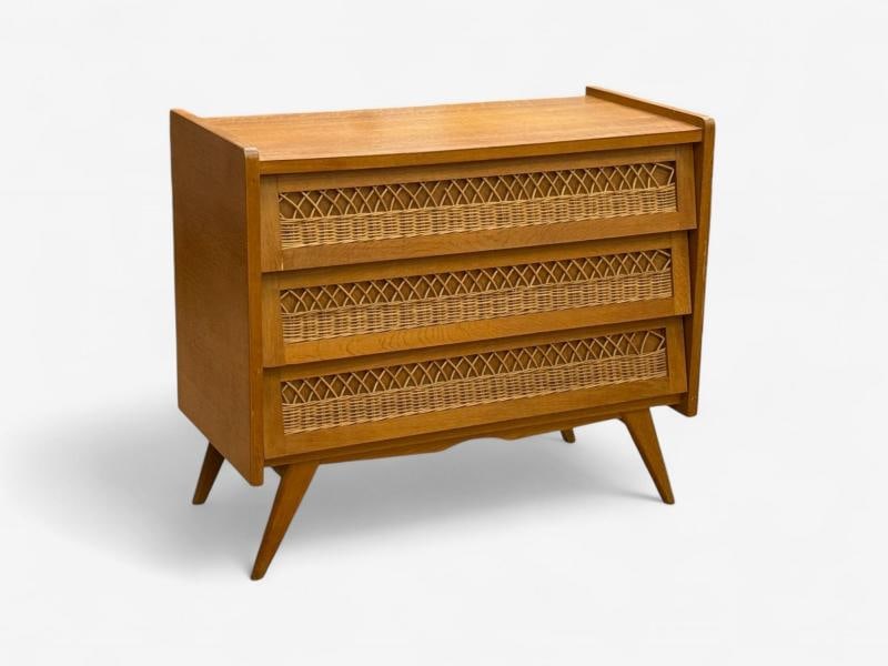 French Modern, Oak, Rattan, Chest of Drawers, France, 1960s - 2