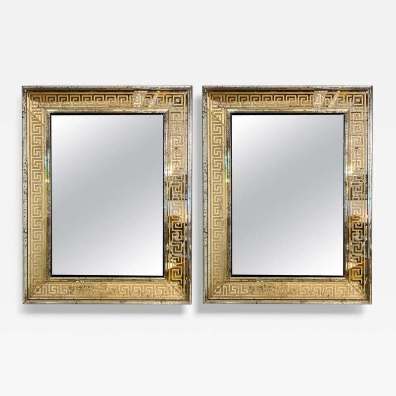 Hollywood Regency Style, Etched Glass, Gilt, Greek Key Wall Mirrors, USA, 21st c: Title: Hollywood Regency Style, Etched Glass, Gilt, Greek Key Wall Mirrors, USA, 21st c Description: Hollywood Regency Style, Etched Glass, Gilt, Greek Key Motif, Large Wall Mirrors, USA, 21st c Pair