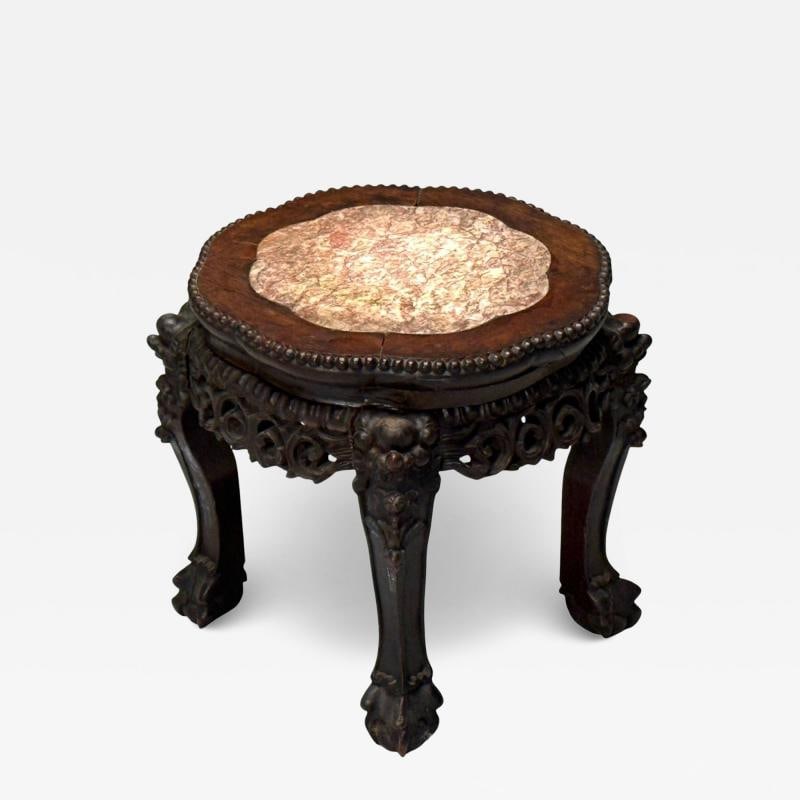 Chinese Export, Carved Hardwood Table, Marble, Low Pedestal, China, 1930s: Title: Chinese Export, Carved Hardwood Table, Marble, Low Pedestal, China, 1930s Description: Chinese Export, Carved Hardwood, Marble, Low Pedestal, China, 1930s A Low Pedestal or End Table of Teak wo