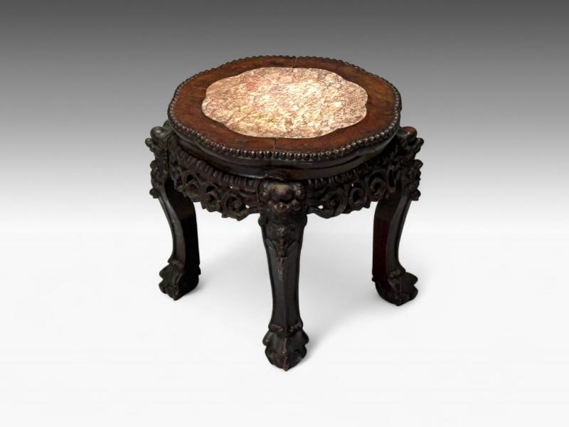 Chinese Export, Carved Hardwood Table, Marble, Low Pedestal, China, 1930s - 2