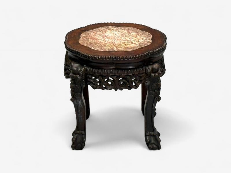 Chinese Export, Carved Hardwood Table, Marble, Low Pedestal, China, 1930s - 3