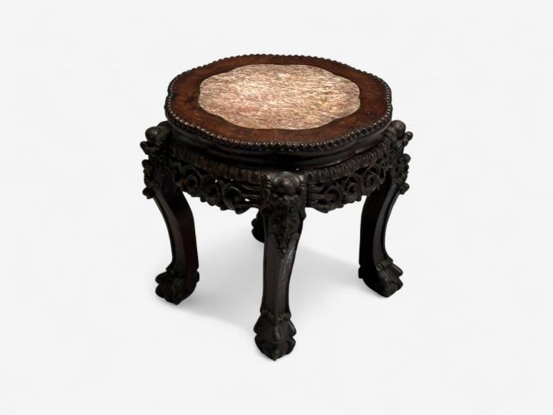 Chinese Export, Carved Hardwood Table, Marble, Low Pedestal, China, 1930s - 4