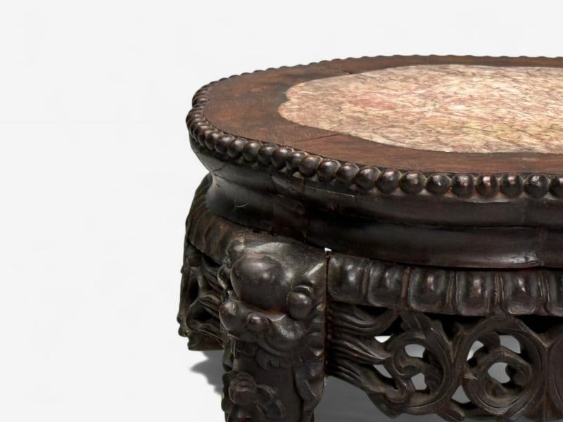 Chinese Export, Carved Hardwood Table, Marble, Low Pedestal, China, 1930s - 5
