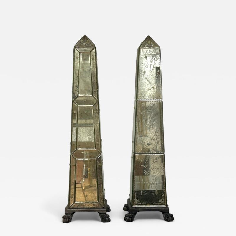 Venetian, Etched Glass Panels, Distressed Mirror, Obelisks, 20th C.: Title: Venetian, Etched Glass Panels, Distressed Mirror, Obelisks, 20th C. Description: Venetian, Etched Glass Panels, Distressed Mirror, Obelisks, 20th C. A pair of venetian mirrored obelisks designe