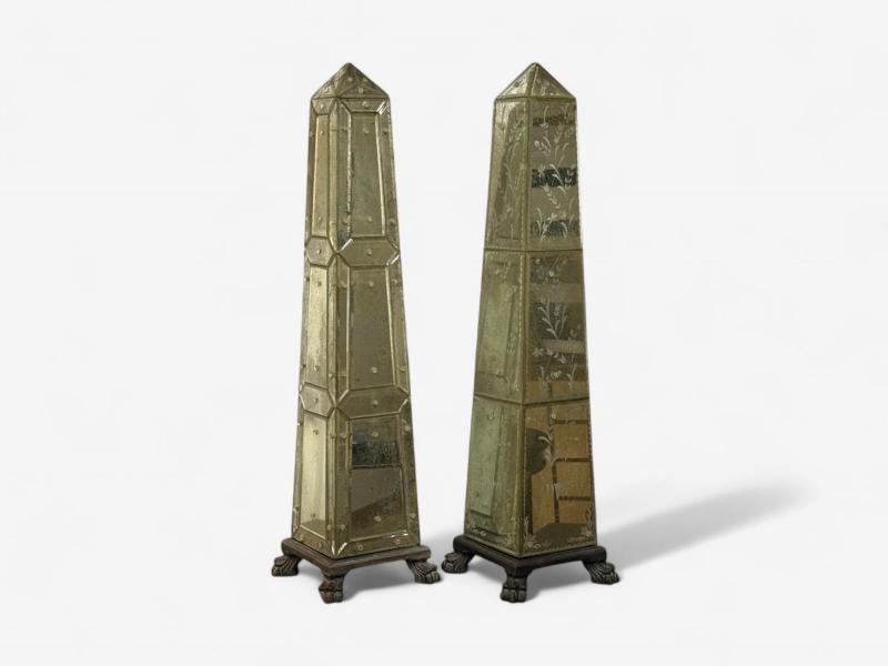 Venetian, Etched Glass Panels, Distressed Mirror, Obelisks, 20th C. - 2