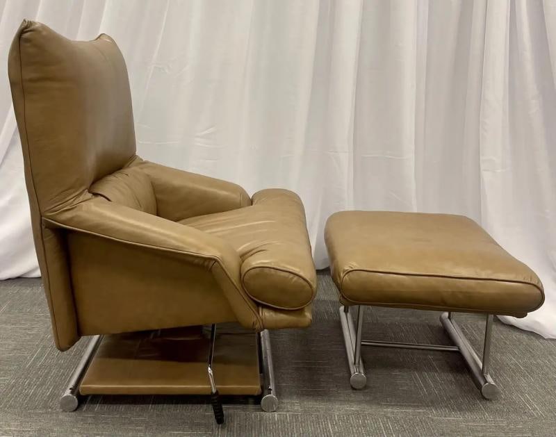 Vintage Leather Swivel, Lounge Chair with Ottoman, Percival Lafer Style, Steel - 2