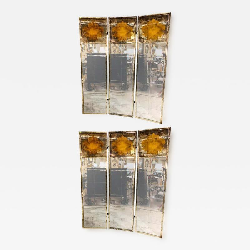 Pair of Art Deco Fashioned Three-Panel Mirrored Room Dividers or Folding Screens: Title: Pair of Art Deco Fashioned Three-Panel Mirrored Room Dividers or Folding Screens Description: Monumental pair of Art Deco fashioned three-panel mirrored room dividers or folding screens. These