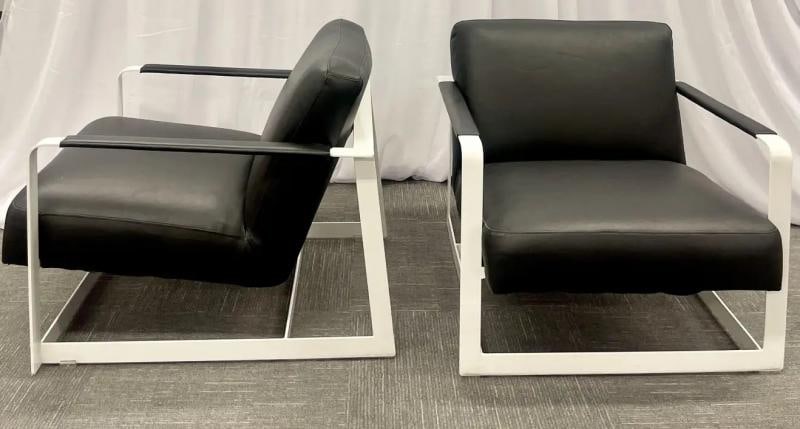 Pair of Mid-Century Modern Lounge Chairs, Leather, Steel Base, American, 1980s - 2