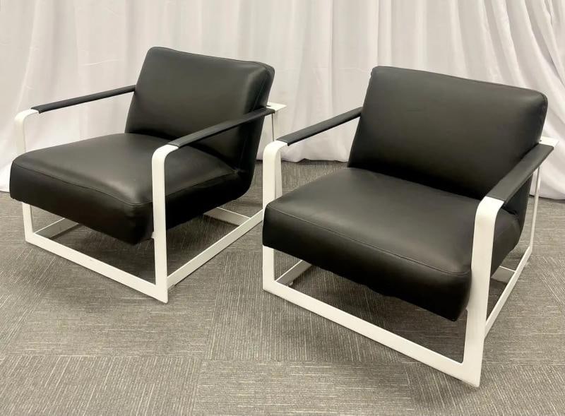 Pair of Mid-Century Modern Lounge Chairs, Leather, Steel Base, American, 1980s - 6