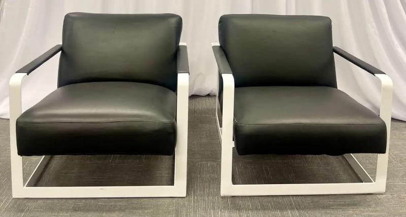 Pair of Mid-Century Modern Lounge Chairs, Leather, Steel Base, American, 1980s - 7