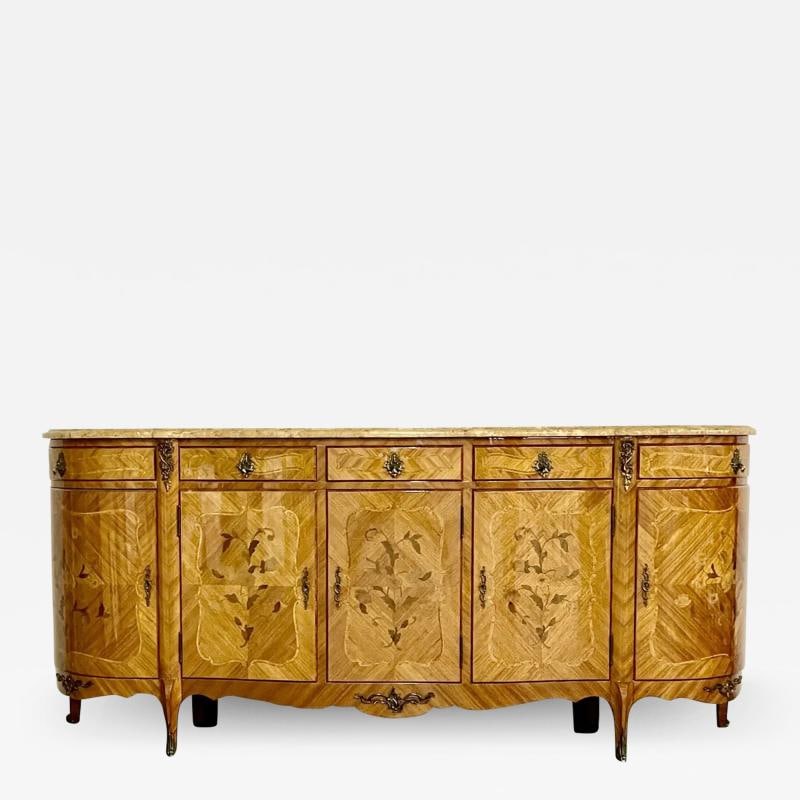 French Louis XV Style Sideboard, Inlaid, Marble Top, Monumental, Bronze Mounted: Title: French Louis XV Style Sideboard, Inlaid, Marble Top, Monumental, Bronze Mounted Description: A French Inlaid Louis XV style sideboard, Credenza, Buffet of Monumental Form having a 1 1/4 inch th