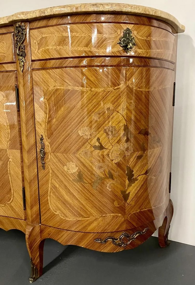 French Louis XV Style Sideboard, Inlaid, Marble Top, Monumental, Bronze Mounted - 9