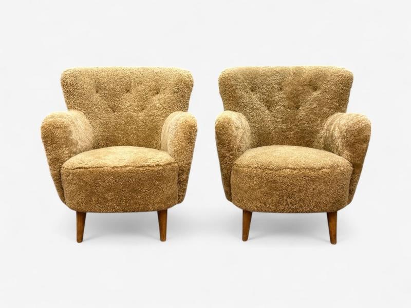 Danish Modern, Honey Sheepskin, Beech, Organic Lounge Chairs, Denmark, 1940s - 3