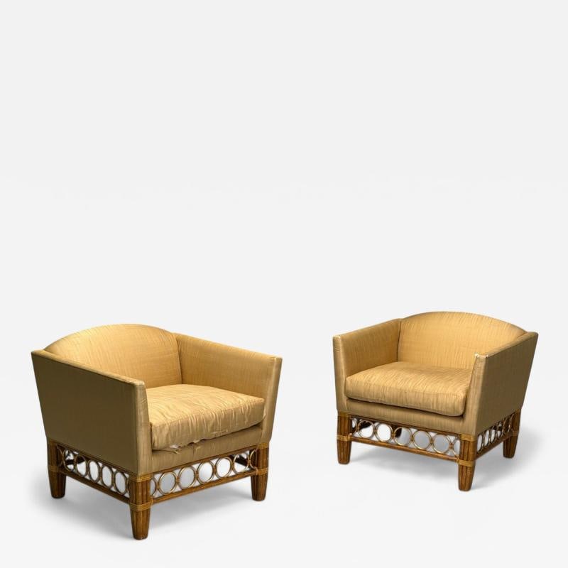 McGuire, Bamboo, Rattan, Fabric, Large Lounge Chairs, USA, 1960s (1 of 9)
