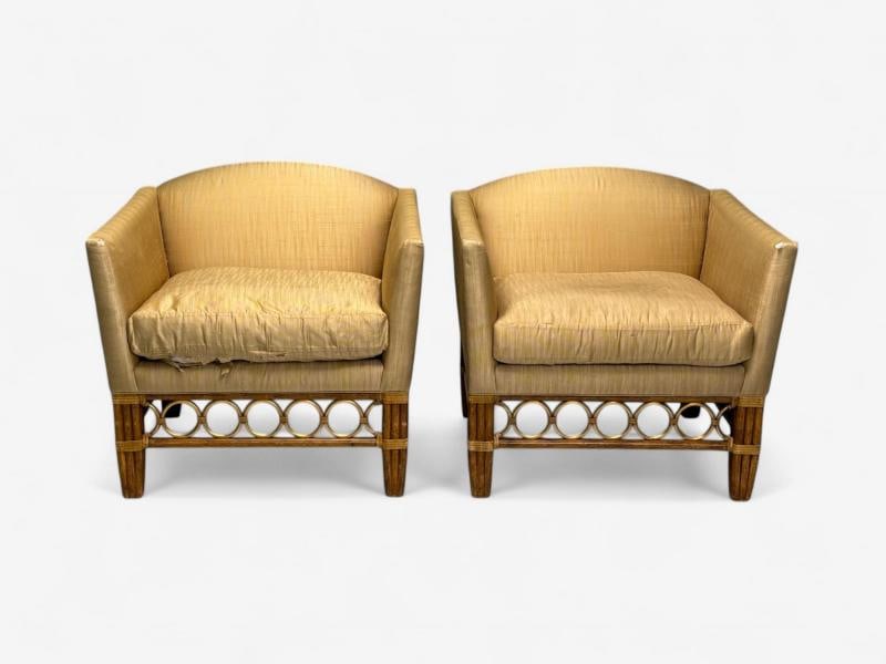 McGuire, Bamboo, Rattan, Fabric, Large Lounge Chairs, USA, 1960s - 2