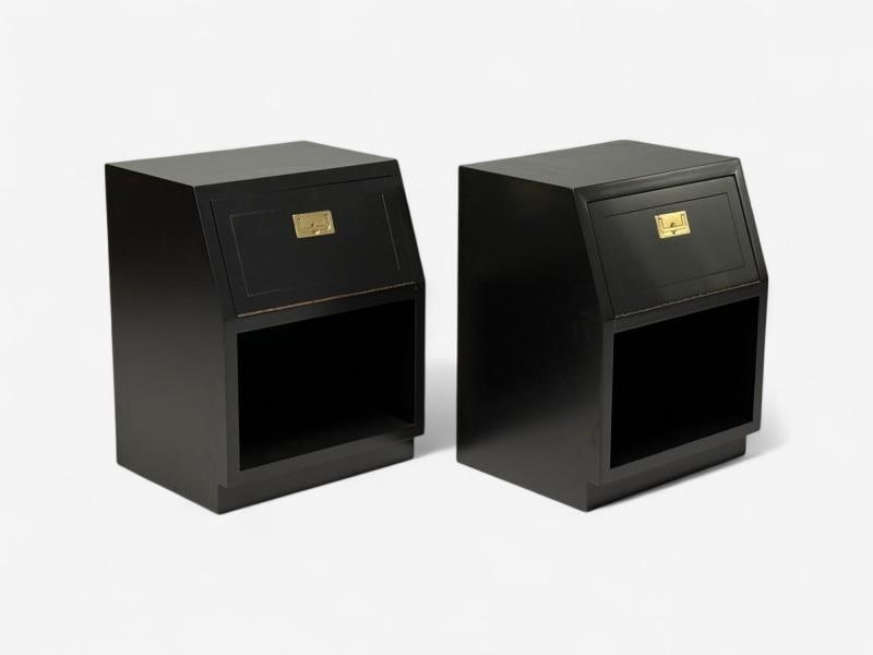 Henredon, Mid-Century Modern, Black Lacquer, Brass, Campaign Nightstands, 1960s - 2
