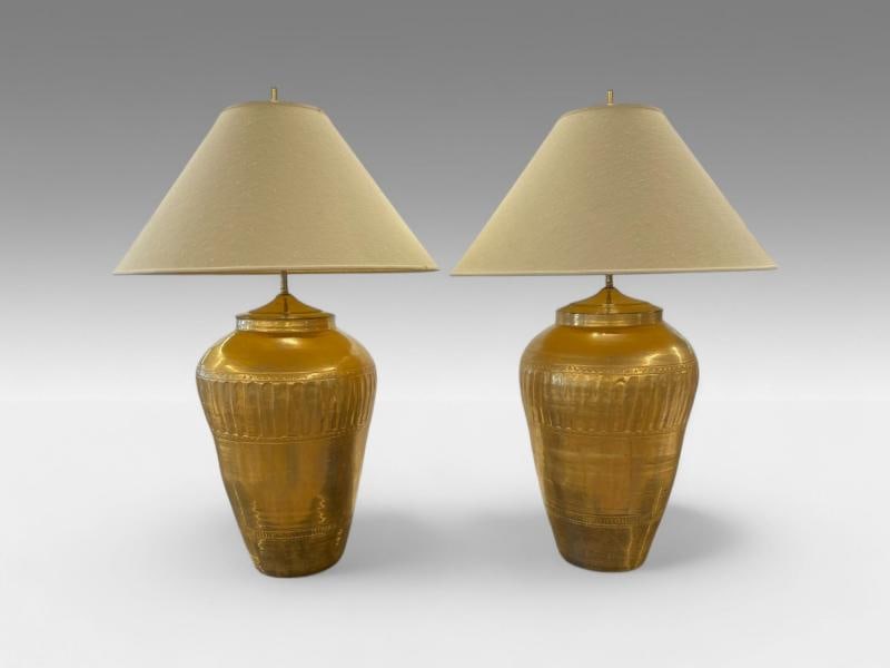 Hollywood Regency, Water Gilt, Fabric, Monumental Table Lamps, USA, 1970s - 2