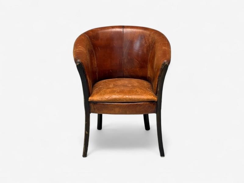Georgian Style, Distressed Brown Leather, Stained Wood, Tub Chair, USA, 1960s - 2