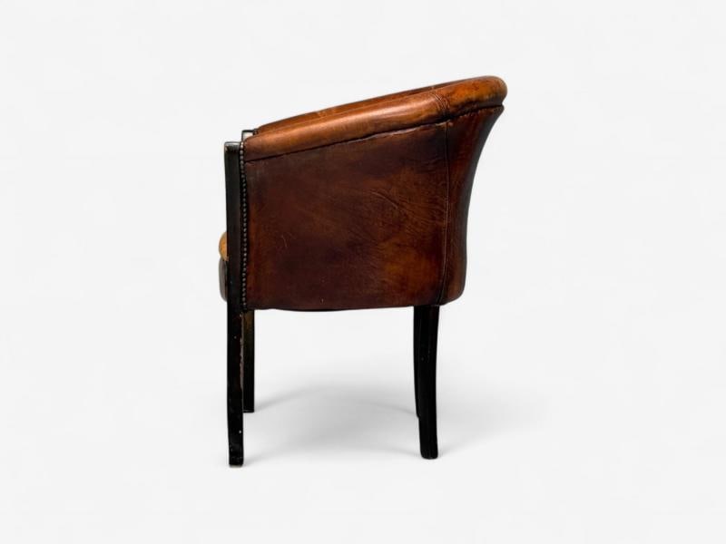 Georgian Style, Distressed Brown Leather, Stained Wood, Tub Chair, USA, 1960s - 5