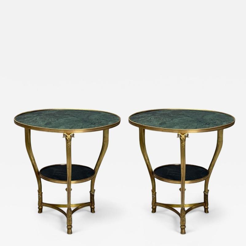 Louis XVI Style, Hollywood Regency, Bronze, Green Marble, Gueridons, 20th c.: Title: Louis XVI Style, Hollywood Regency, Bronze, Green Marble, Gueridons, 20th c. Description: Louis XVI Style, Hollywood Regency, Bronze, Green Marble, Rams Head Gueridons, France, 20th c. A fine p