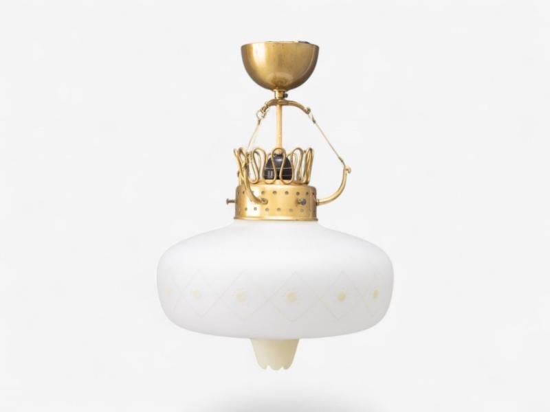 Swedish Modern, Opal Glass, Patinated Brass, Pendant Light, Sweden, 1940s - 2