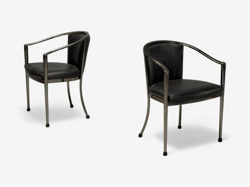 Karl Springer Style, Mid-Century Modern, Gunmetal, Leather, Armchairs, 20th c. - 2