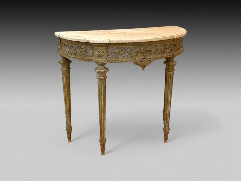 Gustavian, Louis XI, Painted Wood, Marble, Demilune Console Table, France, 1780 - 2