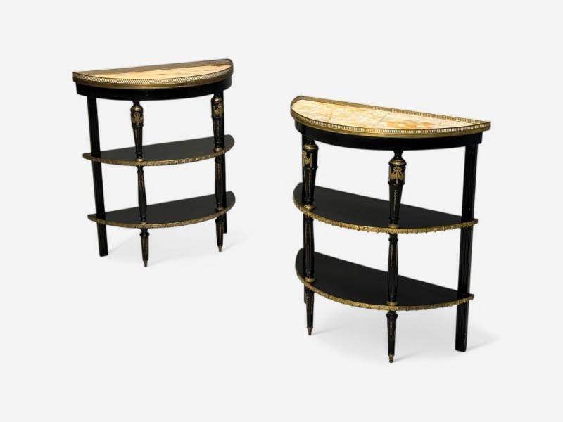 Hollywood Regency, Ebony Painted Wood, Onyx, Demilune Console Tables, 1930s - 2